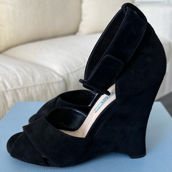 Prada Shoes - PRADA Calzature Donna Camoscio Black Suede Wedges, Authentic